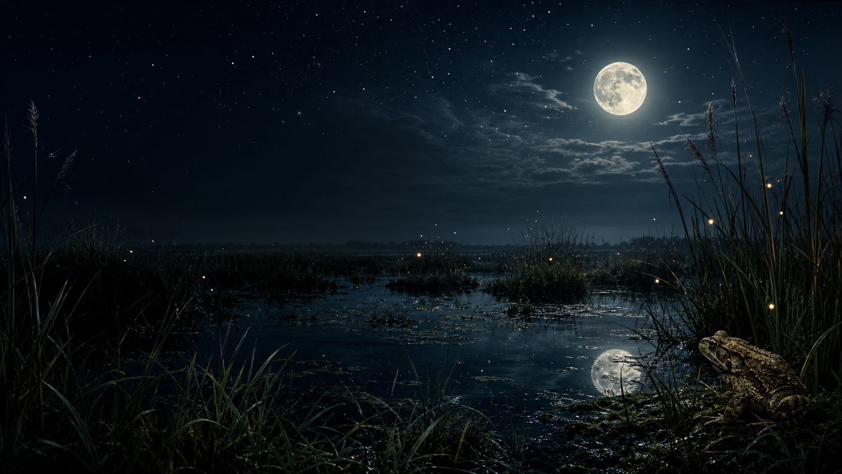 Pantano nocturno bajo la luna llena, con pastos altos, luciérnagas y un sapo junto al agua